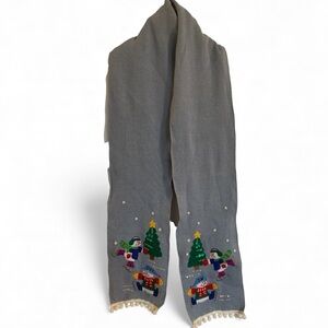 Vintage blue gray scarf snowman embroidered christmas tree pompom fringe skate